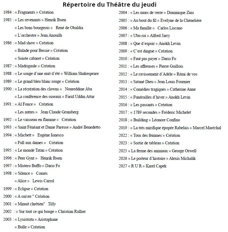 Répértoire du Théâtre du Jeudi Répértoire du Théâtre du Jeudi