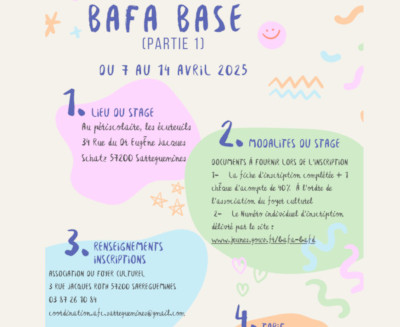 Formation BAFA base du 7 au 14 varil 2024 - à partir de 17 ans
